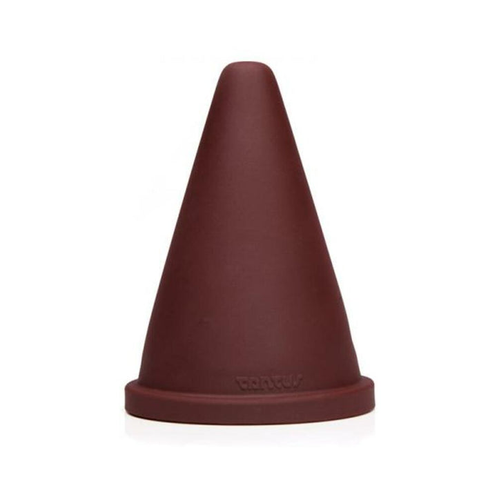 Oxblood red firm silicone cone-shaped adult toy with a wide base for stability and deep stretch.