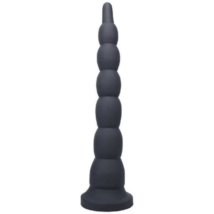 Black silicone progressive beaded adult toy with a flared base for safe use.