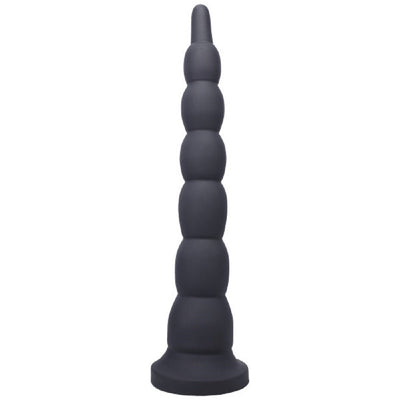 Black silicone progressive beaded adult toy with a flared base for safe use.