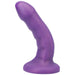 Purple curved silicone adult toy with stepped ridges and flared base for safe use.
