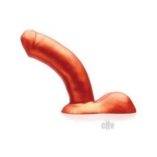 Copper-colored flexible silicone dildo with a curved shaft and realistic base including testicles.