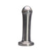 Silver Tantus Dill Drive dildo with smooth shaft and pronounced head, standing upright on a flat base.