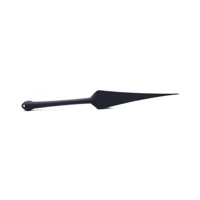 Black silicone paddle with a narrow tapered tip and ergonomic handle designed for versatile impact play.