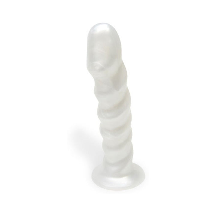Pearl white silicone G-spot stimulator with contoured ridges and a rounded tip, standing upright on a white background.