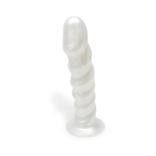 Pearl white silicone G-spot stimulator with contoured ridges and a rounded tip, standing upright on a white background.
