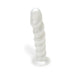 Pearl white silicone G-spot stimulator with contoured ridges and a rounded tip, standing upright on a white background.