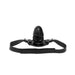 Black silicone gag with adjustable leather straps and snap-off buttons for secure and comfortable fit.