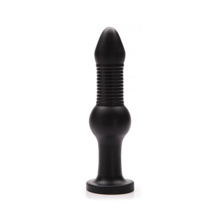 Black silicone anal toy with ribbed shaft, middle bulb, and flared base for safe use.
