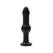 Black silicone anal toy with ribbed shaft, middle bulb, and flared base for safe use.