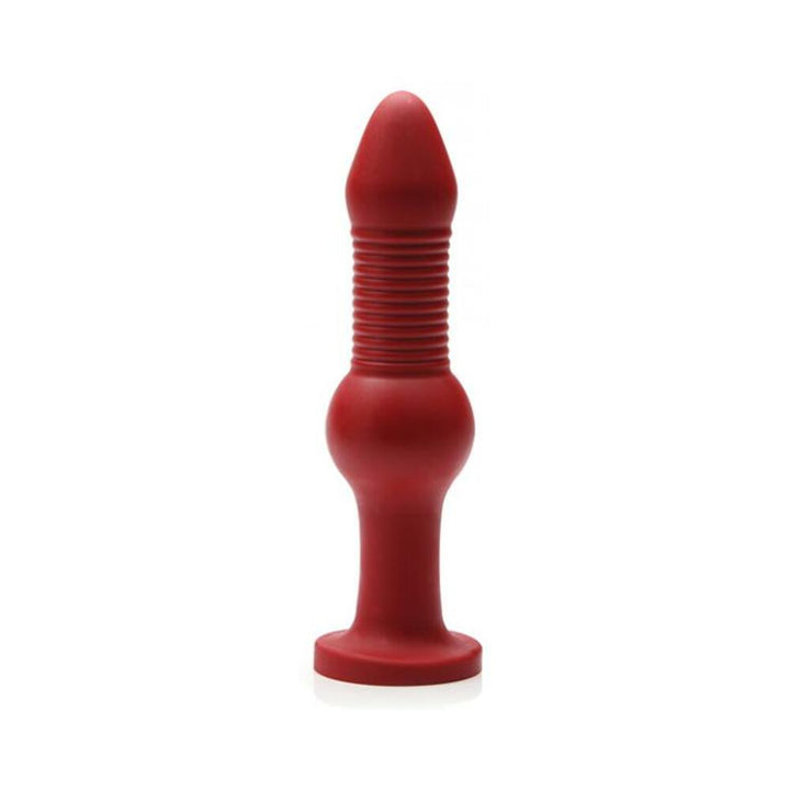 Red silicone anal toy with ribbed shaft, bulbous middle, and flared base for secure use.