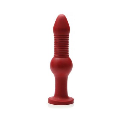 Red silicone anal toy with ribbed shaft, bulbous middle, and flared base for secure use.