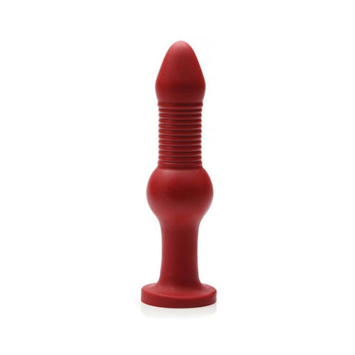 Red silicone anal toy with ribbed shaft, bulbous middle, and flared base for secure use.