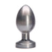Silver metallic tapered plug with a flared base standing upright on a white background.