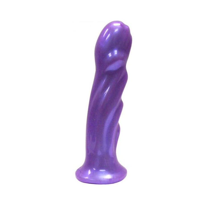 Purple silicone vibrator with textured curves and a flared base, standing upright on a white background.