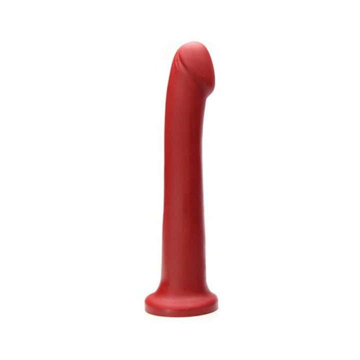 Red silicone hook-shaped toy with a curved tip and flared base designed for versatile pleasure.