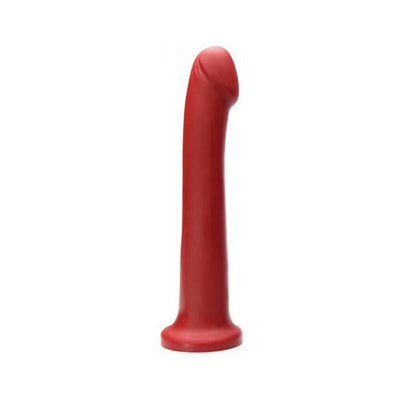 Red silicone hook-shaped toy with a curved tip and flared base designed for versatile pleasure.