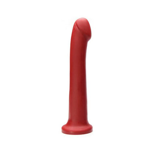 Red silicone hook-shaped toy with a curved tip and flared base designed for versatile pleasure.