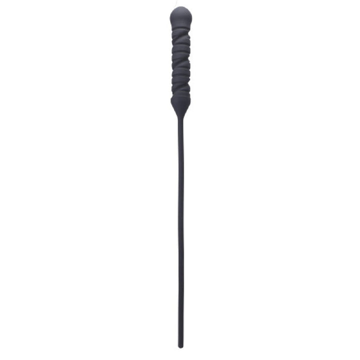Black flexible silicone cane with textured handle and long slender shaft for impact play.
