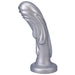 Silver 7-inch medium-firm fantasy dildo with textured, flowing design and flared base for harness compatibility.