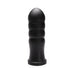 Black silicone textured adult toy with a rounded tip and ribbed design, standing upright on a flat base.