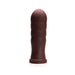 Dark brown firm silicone anal plug with a ribbed, tapered design and wide base for secure use.