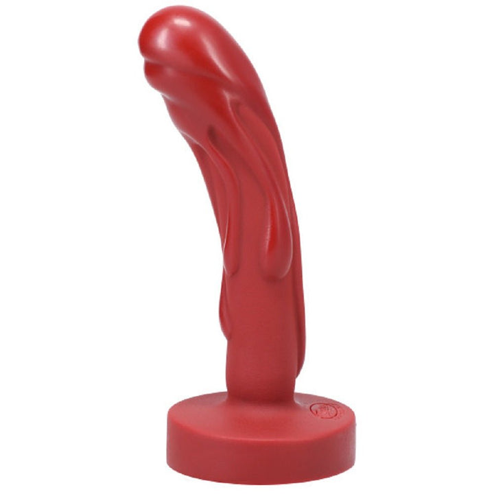 Crimson red Mini Magma silicone dildo with textured molten design and flat base for stability.