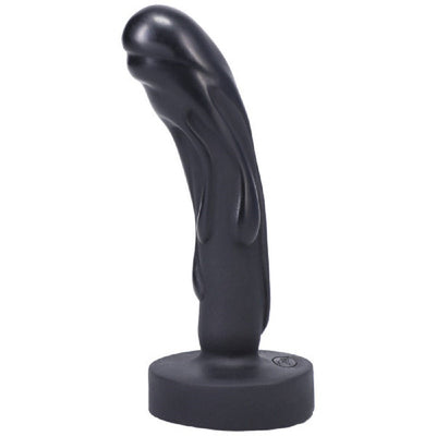 Compact black silicone dildo with textured drips and curved design on a round base.