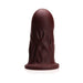 Dark brown firm silicone dildo with textured surface and wide base, standing upright on a white background.
