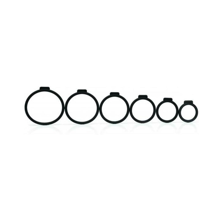 Set of six black silicone O-Rings in varying sizes for harness compatibility and versatile use.