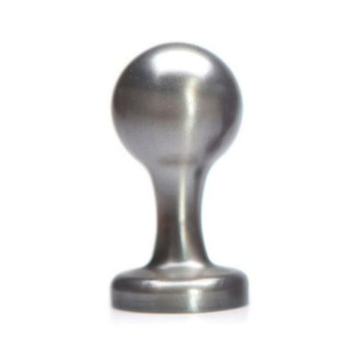 Silver metallic orb-shaped adult toy with a rounded head and flared base on a white background.