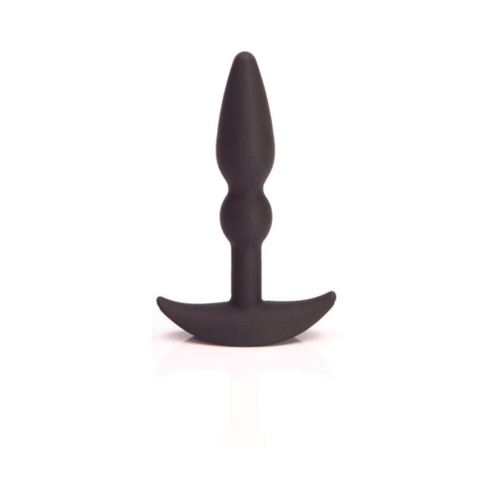 Black silicone anal plug with tapered tip and curved base designed for comfortable and secure fit.
