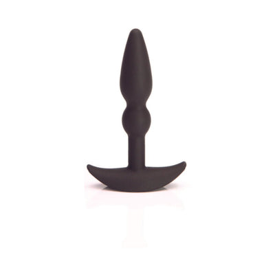 Black silicone anal plug with tapered tip and curved base designed for comfortable and secure fit.