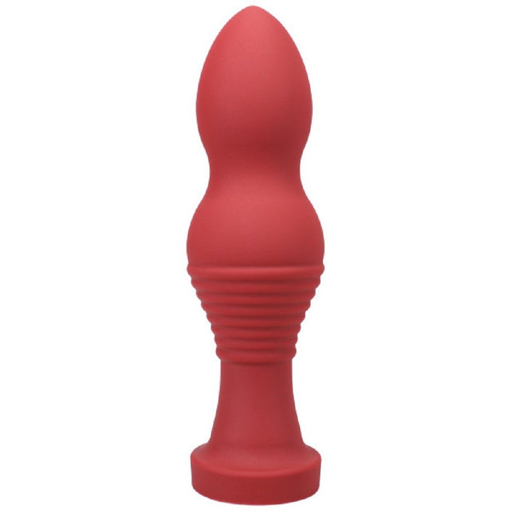 Crimson red silicone tapered toy with textured grip and flared base, designed for comfort and durability.