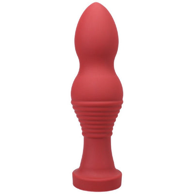 Crimson red silicone tapered toy with textured grip and flared base, designed for comfort and durability.