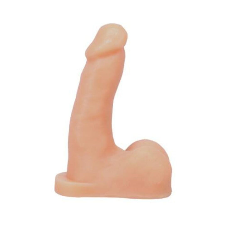 Flesh-toned silicone packer with realistic shape and base designed for discreet everyday wear and squirting feature.