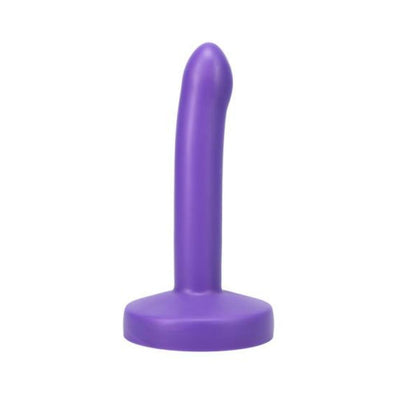 Purple slim silicone dildo with a slightly curved tip and wide base, designed for use with O-ring harnesses.