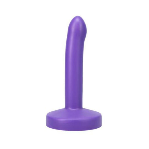 Purple slim silicone dildo with a slightly curved tip and wide base, designed for use with O-ring harnesses.