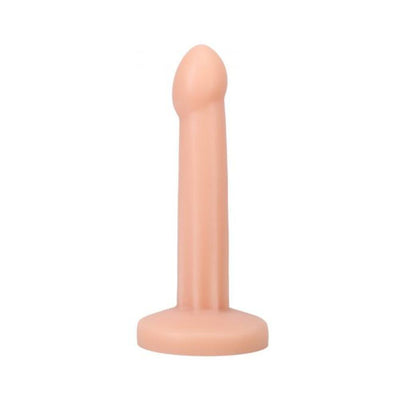 Smooth flesh-toned silicone dildo with a rounded tip and flat base, standing upright on a white background.