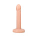 Smooth flesh-toned silicone dildo with a rounded tip and flat base, standing upright on a white background.