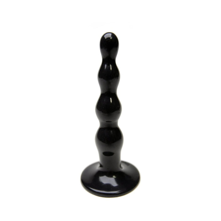 Black small ripple-shaped silicone plug with graduated beads and flared base for safe use.