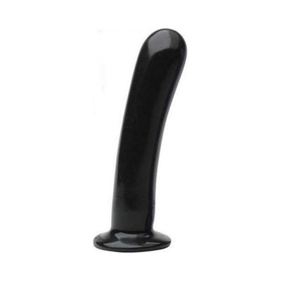 Black smooth silicone dildo with a curved shape and flared base, designed for comfortable beginner use.