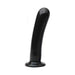 Black smooth silicone dildo with a curved shape and flared base, designed for comfortable beginner use.