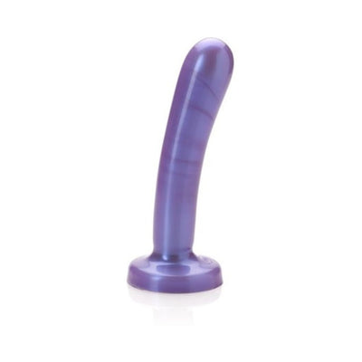 Smooth purple silicone dildo with a curved shape and flared base, designed for comfortable beginner use.