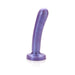 Smooth purple silicone dildo with a curved shape and flared base, designed for comfortable beginner use.
