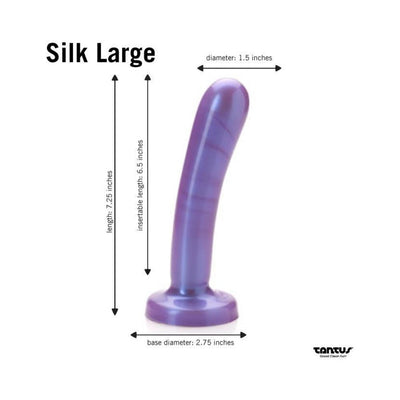 Purple Tantus Silk Large dildo with smooth curved design and suction base, dimensions labeled for length and diameter.