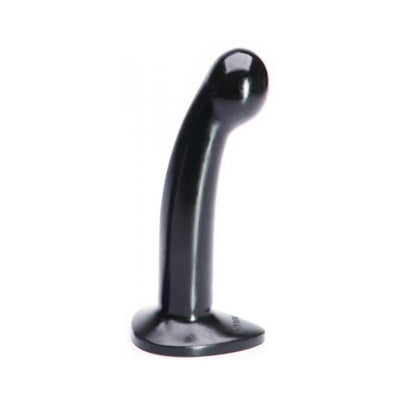Black medium-sized silicone toy with a curved shaft and rounded head, designed for harness compatibility and easy cleaning.