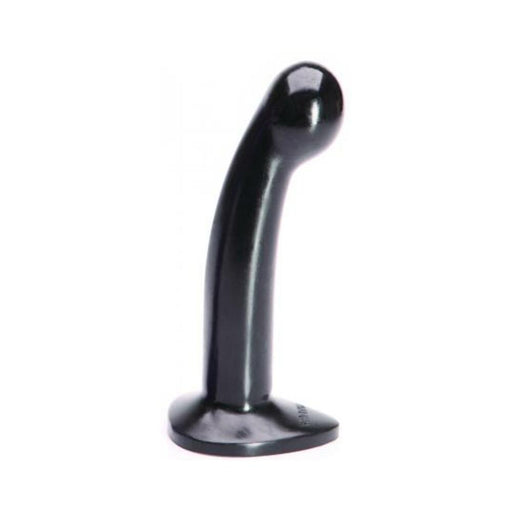 Black medium-sized silicone toy with a curved shaft and rounded head, designed for harness compatibility and easy cleaning.