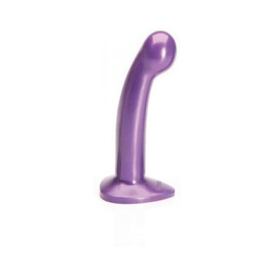 Medium-sized midnight purple silicone toy with curved shape and flared base for secure strap-on harness use.