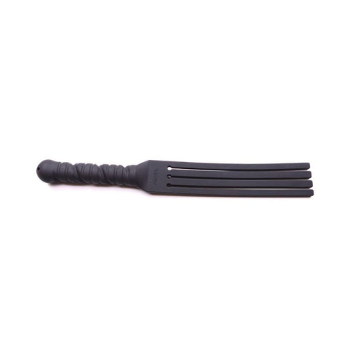 Black silicone Tawse It Overboard flogger with four flexible tongues and textured handle.