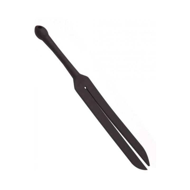 Black silicone Tantus Tawse Small with forked tail and ergonomic handle for versatile impact and internal use.